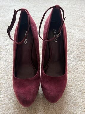 ALDO Burgundy Suede Ankle-Strap Pumps